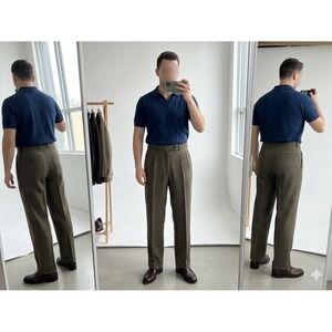 Alan Flusser Brown Plaid Wool Dress Pants 38 x 34 Pleated Front Cuffed Hem Mens